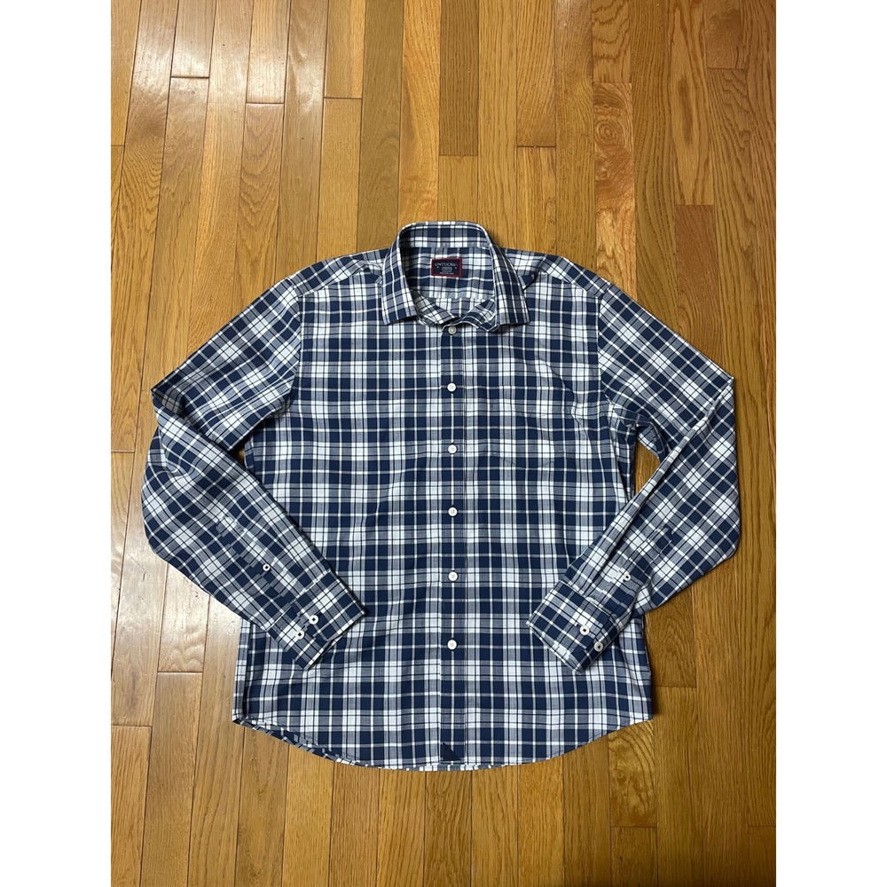 UNTUCKit Rooney-WF Mens Medium Navy White Plaid Wrinkle Free Cotton Shirt 41158